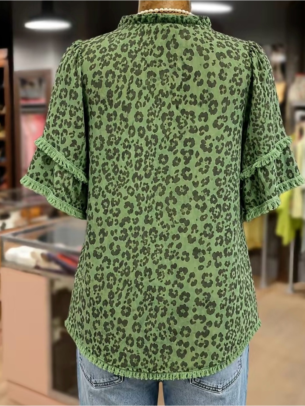Cherry Betty Leopard Print Ruffle Neck Frayed Hem Top - Size Small New Shirt - Picture 2 of 12